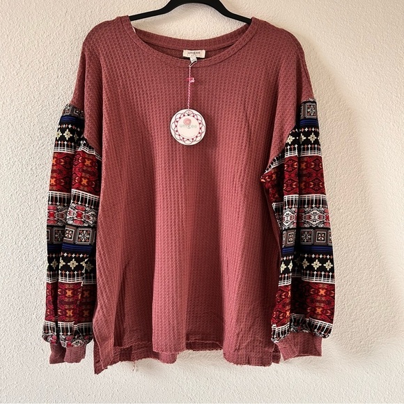 Umgee Women Bell Sleeve Top Large Boho Cottage Gauzey Mixed Media Relax NWT - Picture 1 of 11